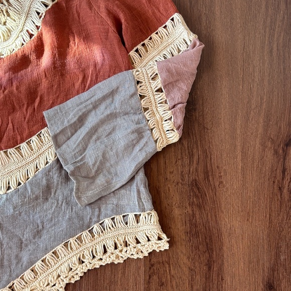 Bohemian Crochet Trim Color block Women’s  Top V Neck Festival Concert - Picture 3 of 9